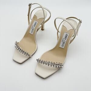Jimmy Choo Meira 85 Latte Nappa Leather Crystal Embellished Sandal Heel Size 37